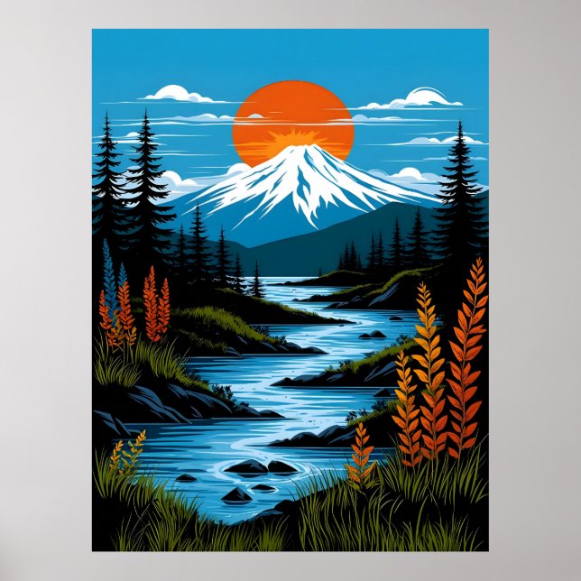 Retro Mountain liggande Illustration Red Blue Poster (Framsidan)