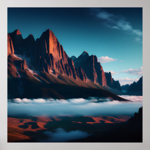 Retro Mountain liggande Illustration Red Blue Poster