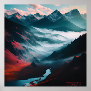 Retro Mountain liggande Illustration Red Blue Poster