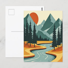 Retro Mountain liggande Illustration Red Blue Vykort