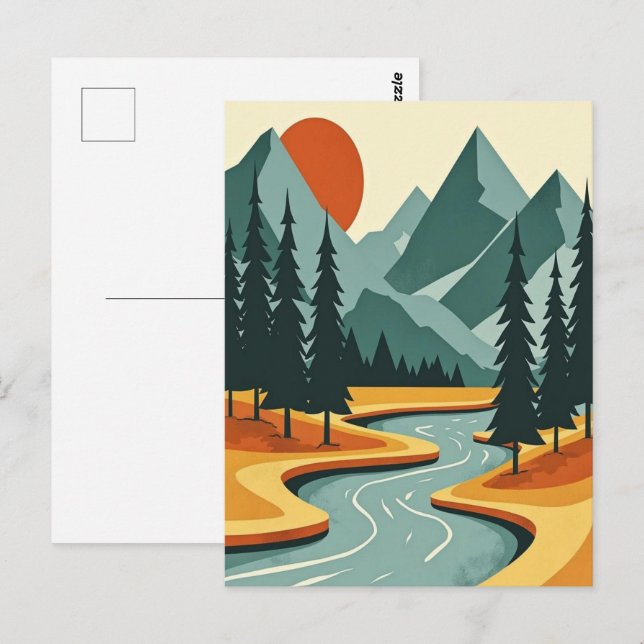 Retro Mountain liggande Illustration Red Blue Vykort (Fram/baksida)