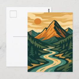 Retro Mountain liggande Illustration Red Blue Vykort