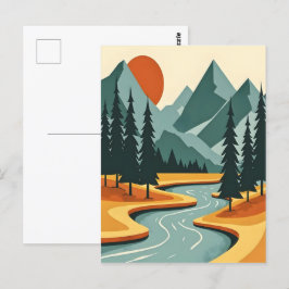 Retro Mountain liggande Illustration Red Blue Vykort