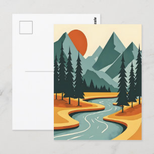 Retro Mountain liggande Illustration Red Blue Vykort