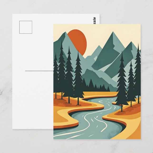 Retro Mountain liggande Illustration Red Blue Vykort (Fram/baksida)