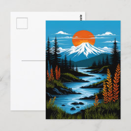 Retro Mountain liggande Illustration Red Blue Vykort
