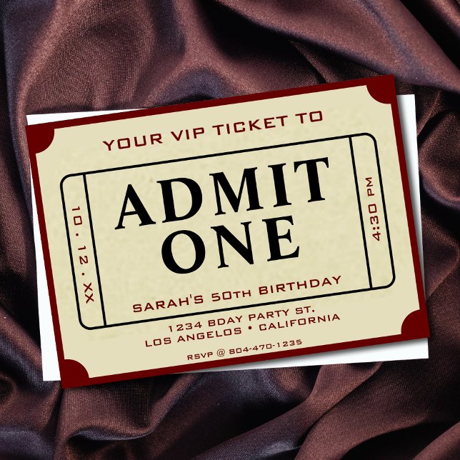 Retro Movie Biljett ger en 50:e Födelsedagsfest Inbjudningar (Retro Movie Ticket Admit One 50th Birthday Party Invitation)