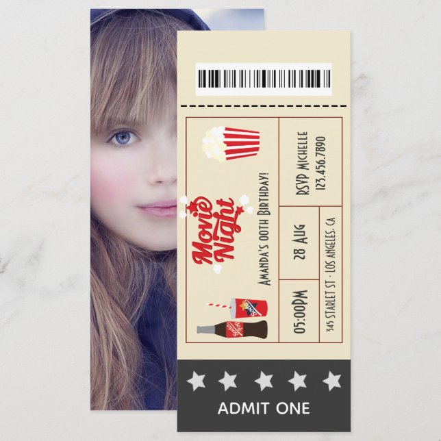 Retro Movie Night Födelsedagsfest Biljett lägg til Inbjudningar (Fram/baksida)