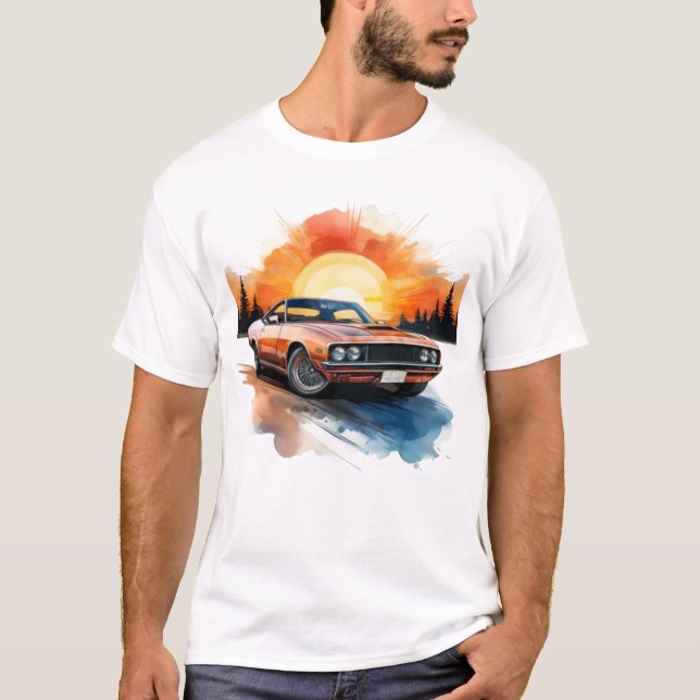 Retro Muscle Car med solnedgång - Bilder av väggko T Shirt (Framsida)