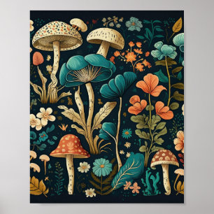 Retro Mushroom och Flower Illustration Design Poster