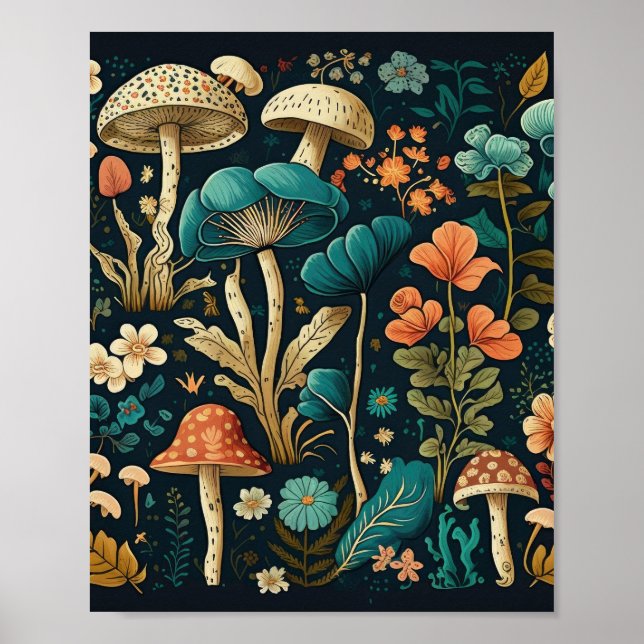 Retro Mushroom och Flower Illustration Design Poster (Framsidan)