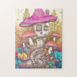 Retro Mushroom Village Illustration Art Pussel
