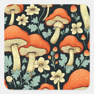 Retro Mushroom Vintage Flowers Fyrkantigt Klistermärke