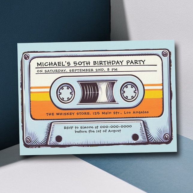 Retro Music 80s Audio Cassette Manar 50:e födelsed Inbjudningar (cassette mixtape 80s nostalgia 50th birthday party men vintage retro 70s 60s fun music blue orange)
