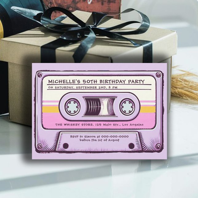 Retro Music 80s Cassette Mixtape 50:e födelsedagen Inbjudningar (cassette mixtape 80s nostalgia 50th birthday party women vintage retro 70s 60s fun music purple chic)