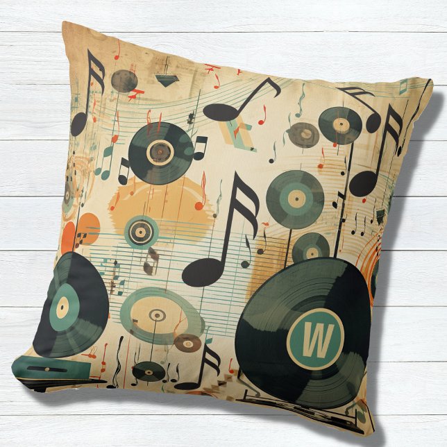 Retro Music Älskare som Vinyl Musik noter Monogram Kudde (Skapare uppladdad)