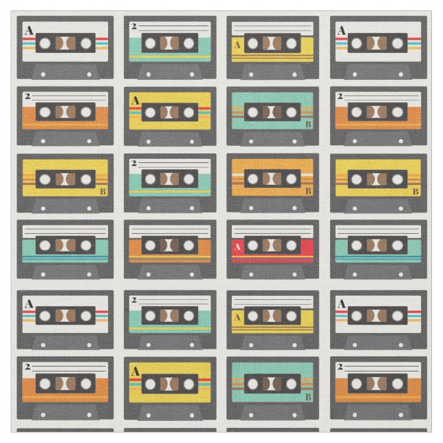 Retro Music Cassette Mix Tape Mönster Tyg (Närbild)