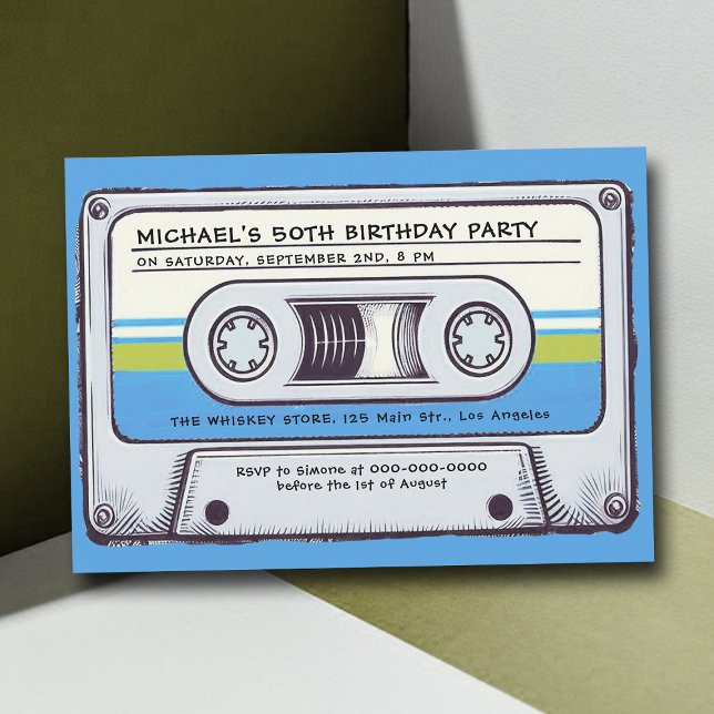 Retro Music Cassette Mixtape Manar 50:e födelsedag Inbjudningar (cassette mixtape 80s nostalgia 50th birthday party men vintage retro 70s 60s fun music blue yellow)