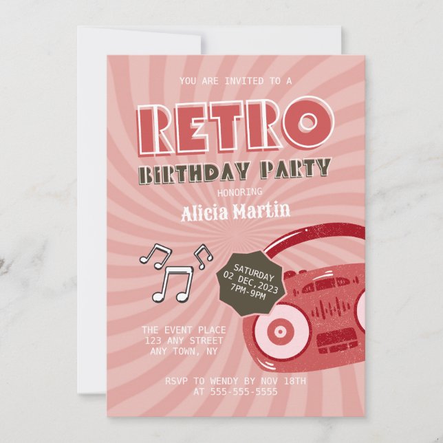 Retro Music Födelsedagsfest inbjudan på 70-talet (Framsida)