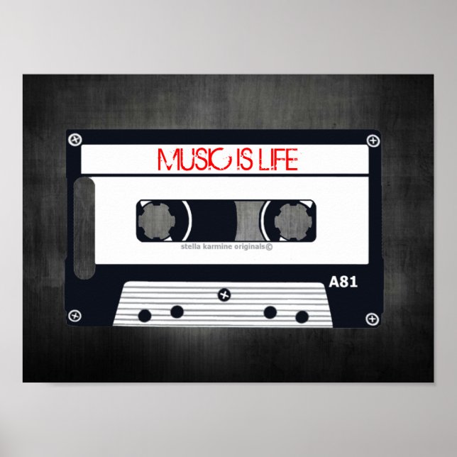 RETRO "MUSIC IS LIFE" POSTER - POP ART CASSETTE (Framsidan)