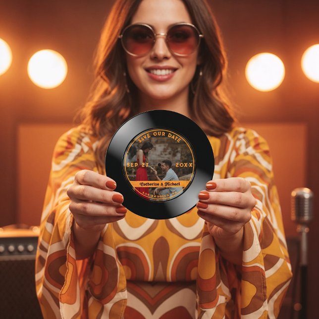 Retro Music Vinyl Record Photo Bröllop Round Spara Datumet (Skapare uppladdad)