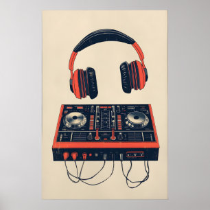 Retro musikplanscher DJ Mixer och hörlurar Print Poster