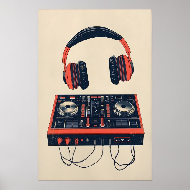 Retro musikplanscher DJ Mixer och hörlurar Print Poster (Framsidan)