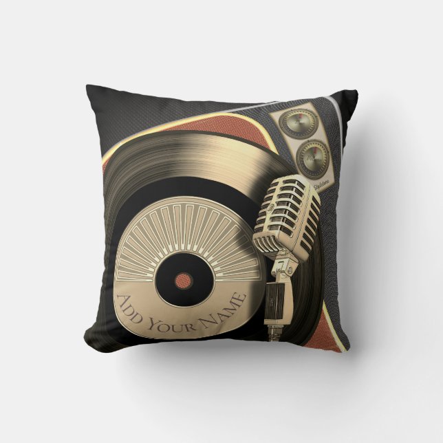 Retro musikvintagemikrofon och vinylrekord kudde (Framsida)