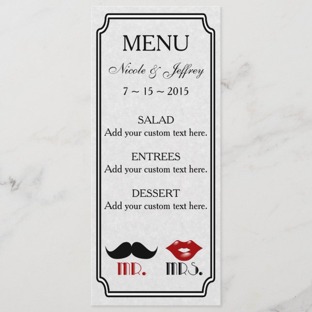 Retro Mustache Personligt bröllp Menu Meny (Framsida)