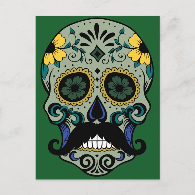 Retro Mustache Sugar Skull Vykort (Framsida)