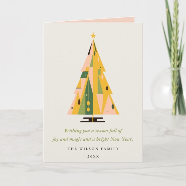 Retro Mustard Grönt Julgran Business Logotyp Helgkort (Framsida)
