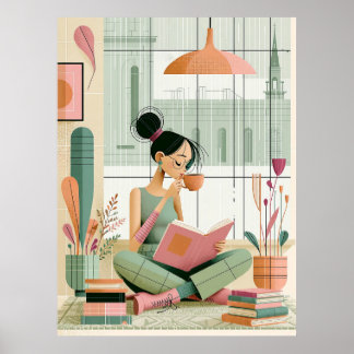 Retro mysig läshörna flicka väggkonst dekor poster