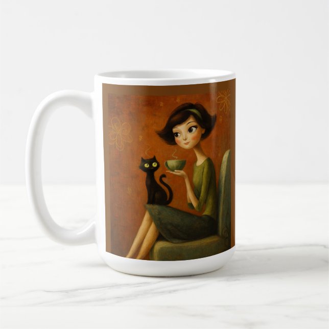 Retro Mysig Morgon Svart Katt Estetik Kaffemugg (Vänster)