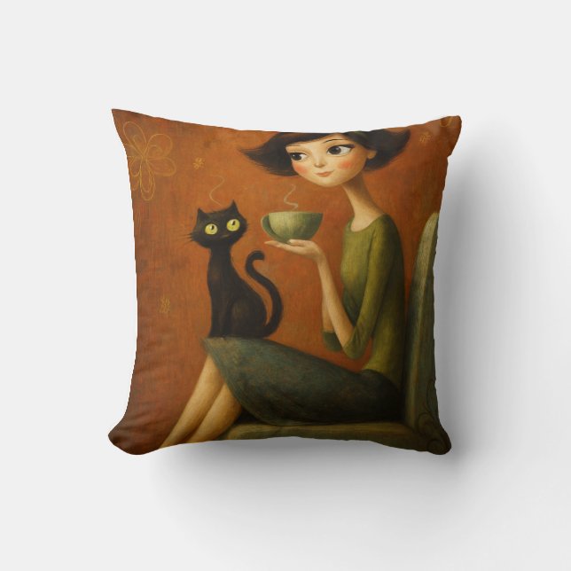 Retro Mysig Morgon Svart Katt Estetik Kudde (Framsida)