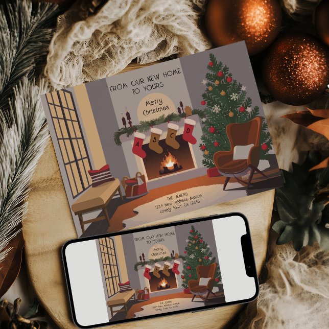 Retro Mysigt Flytta i julhuset Meddelande (Retro Cozy Christmas Monogram Stockings Card .. Holiday Moving Announcement by Darling & May)