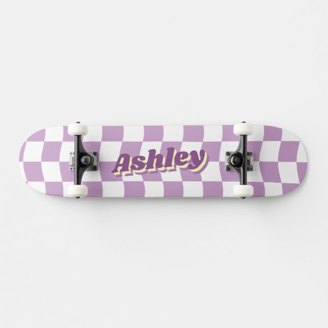 Retro Namn Girly Lila White Checker Mönster Mini Skateboard Bräda 18,5 Cm (Horz)