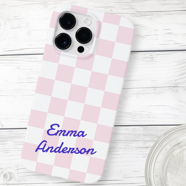 Retro namn ljus rosa vit rutig mönster (Retro name light pink white checkerboard pattern Case-Mate iPhone case)