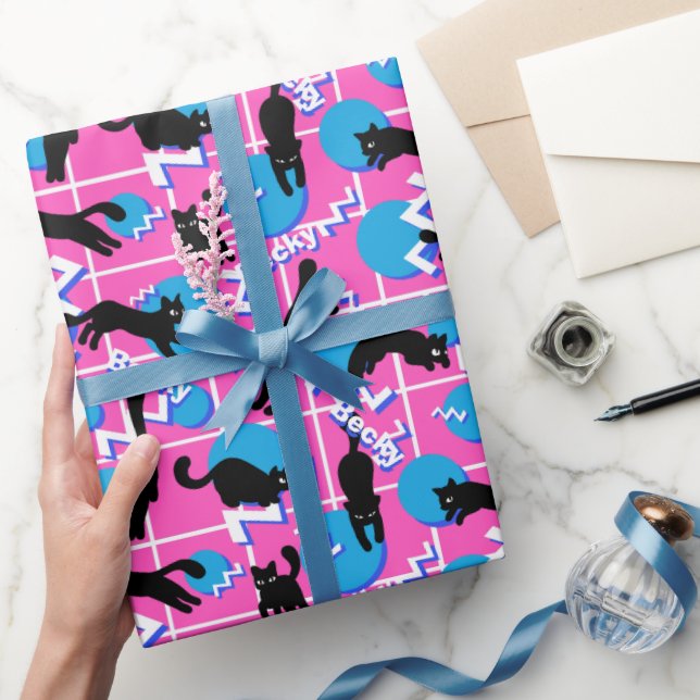 Retro Namn Rosa Geometric Memphis Mönster Cats Presentpapper (Gifting)