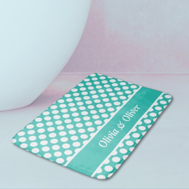 Retro Namn Turkos & Vit Prickmönster Badrumsmatta (Classic Custom Text/ Name Turquoise & White Polka Dot Pattern Bath Mat)