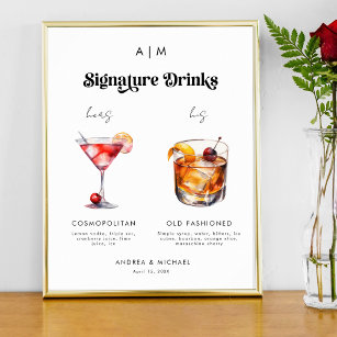 Retro Namnteckning Drinks Bride Groom Bröllop-teck Poster