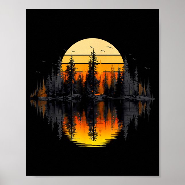 Retro natur träd reflektion solnedgång skog poster (Framsidan)