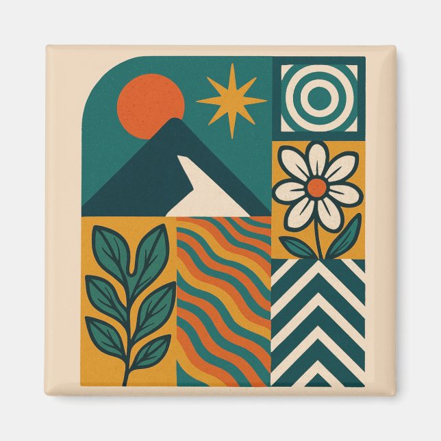 Retro Nature Abstrakt Art Modern Geometric Blommig Magnet (Framsidan)