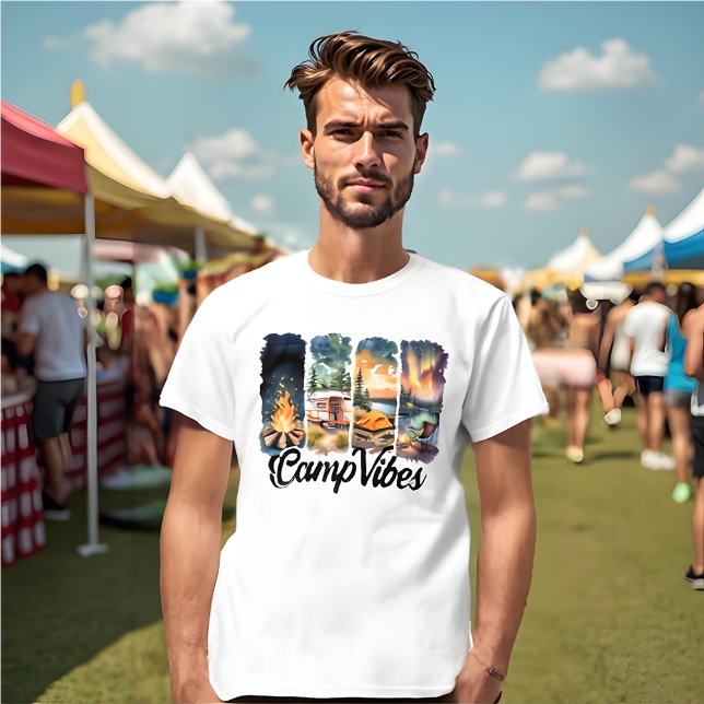 Retro Nature Tee for Gen Z Adventurers Camp Vibes (Gen Z t-shirt.  Panels of campfires, a retro camper, sunset tents, and a magical aurora-lit lake.)
