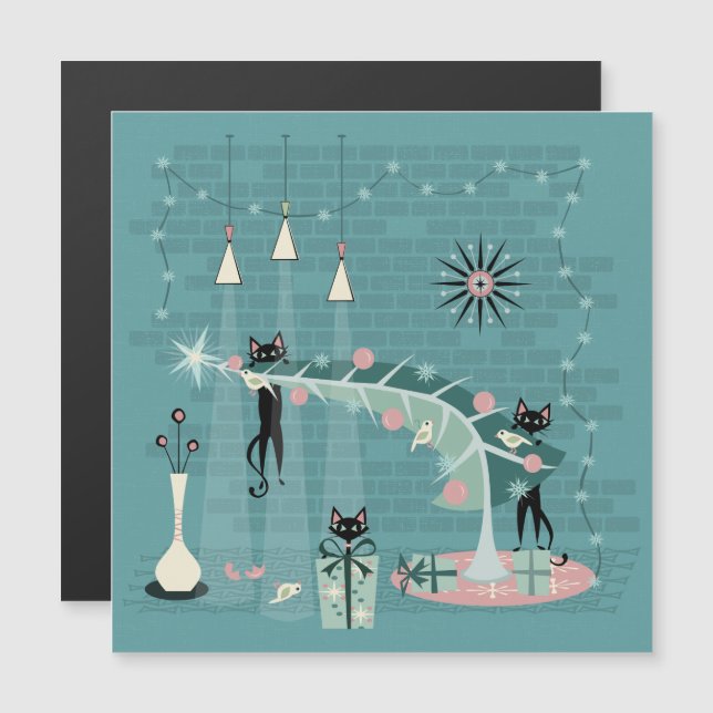 Retro Naughty Kattunge jul Magnetisk Inbjudningskort (Fram/baksida)