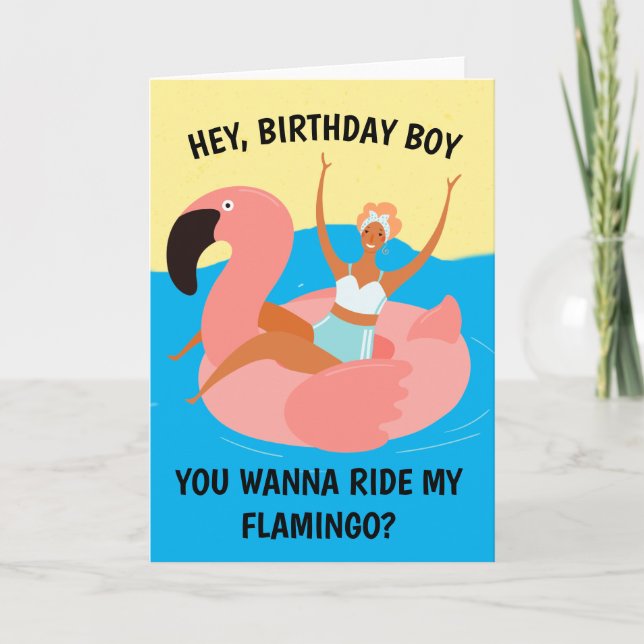 Retro Naughty Ride My Flamingo Vuxen Birthday Card Kort (Framsida)