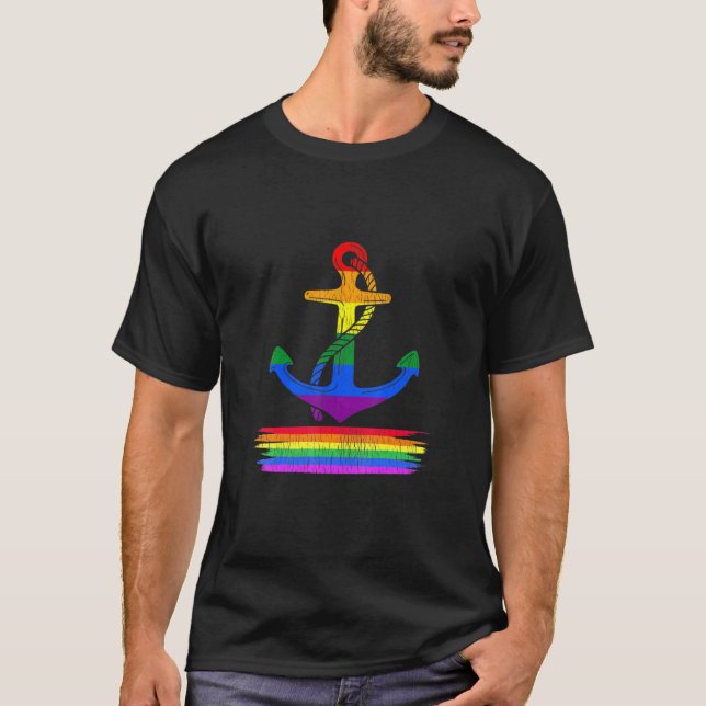 Retro Nautical Anchor Rainbow Lgbt Pride Gay Sailo T Shirt (Framsida)
