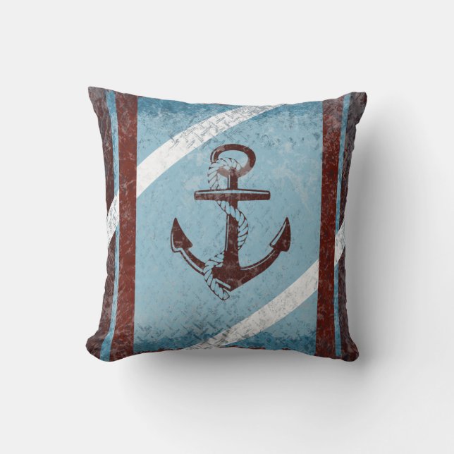 Retro Nautical Anchor Red Blue Grunge Distress Kudde (Framsida)