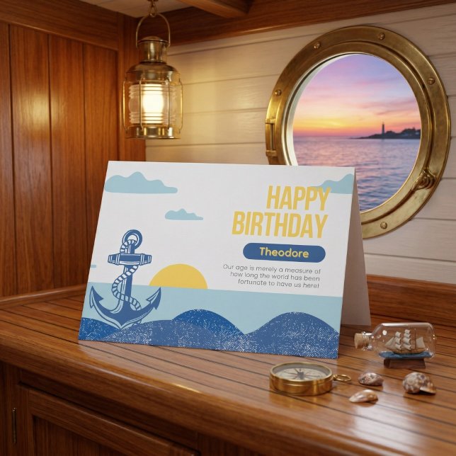 Retro Nautical Anchor & Sun Personalized Birthday  Kort (Set sail on your celebration.)