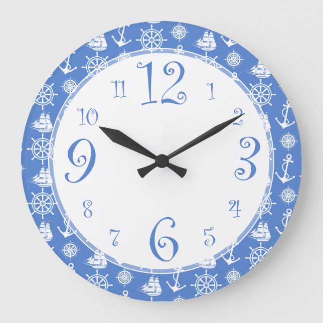 Retro Nautical Blue och White Kitchen Clock Stor Klocka (Framsida)