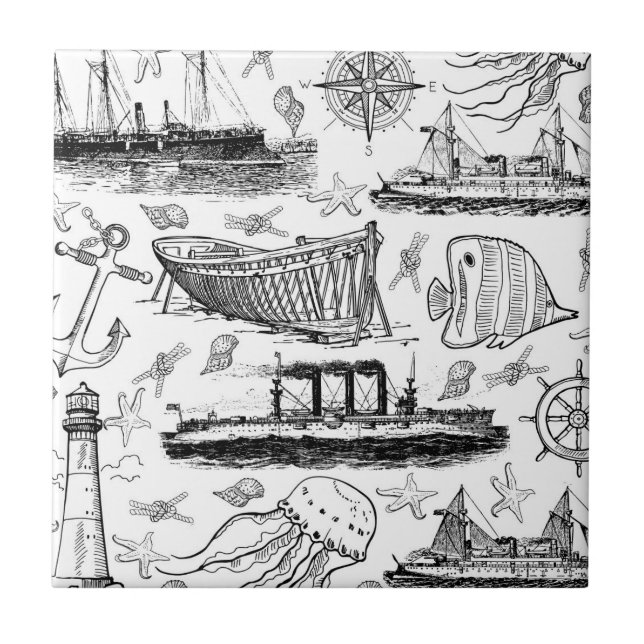 Retro Nautical Mönster Kakelplatta (Framsidan)